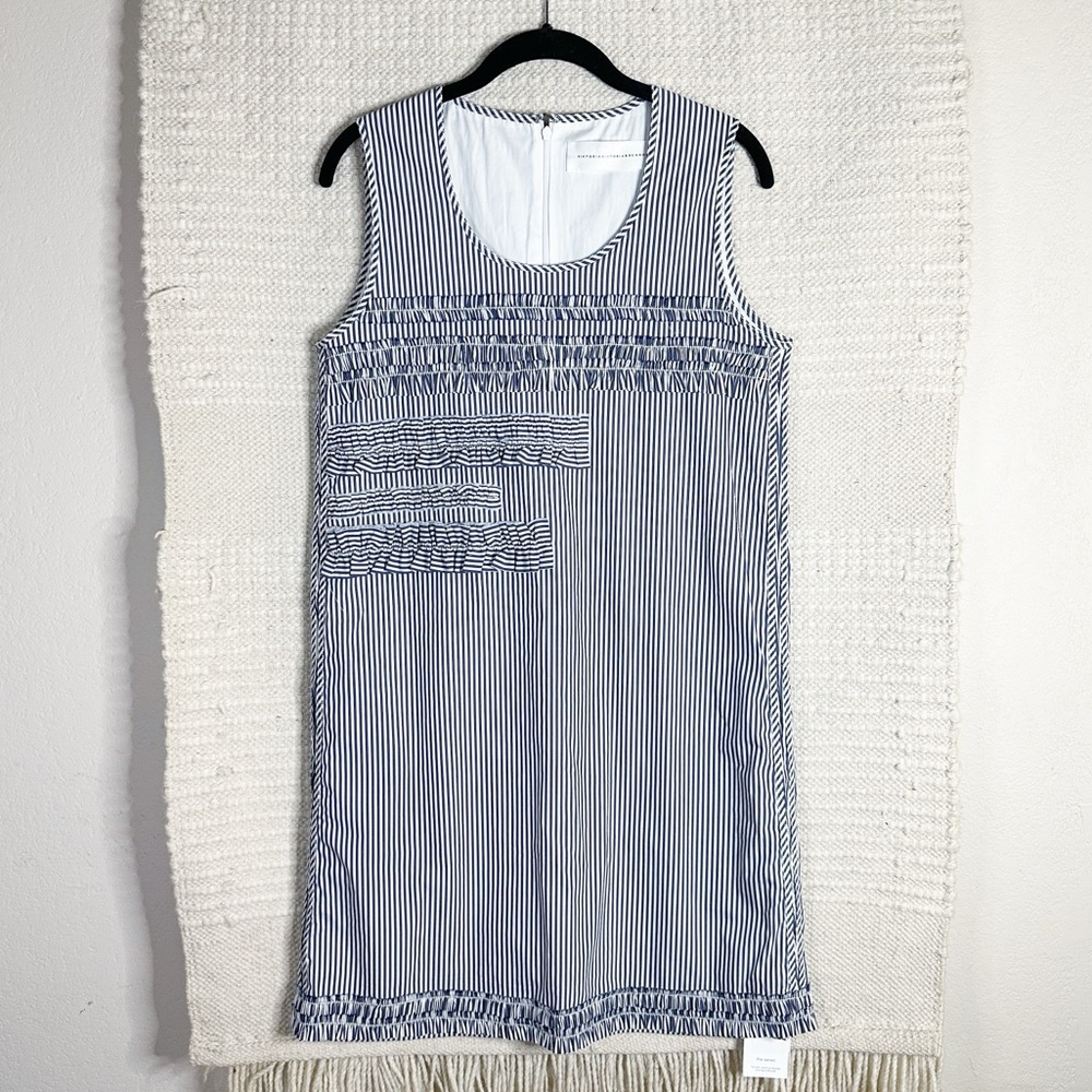 VICTORIA BECKHAM blue and white pinstripe ruffled sleeveless shift dress 4